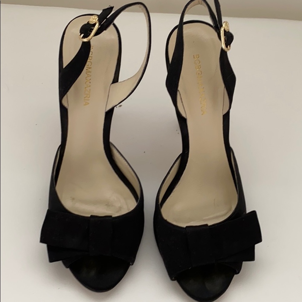 BCBG bow heels, black satin
